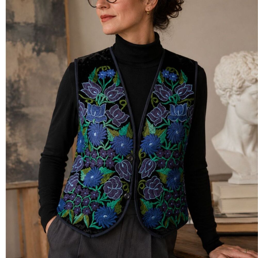 Vintage 90s Floral Embroidered Vest Black Velvet Blue Purple Waistcoat Chico’s M